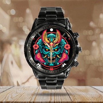 Discover Mystic Oni Mask: Bold Japanese Art Design Calendar Steel Band Watch