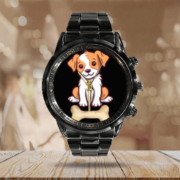 Discover Cute White and brown dog with bone Calendar Steel Band Watch