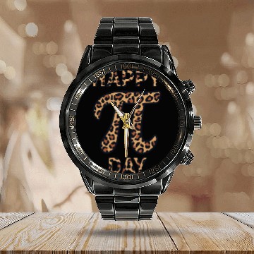 Discover Happy Pi Day Leopard Print Celebration with Math Calendar Steel Band Watch