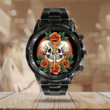 Discover Skulls & Flowers Dark Aesthetic Floral Calendar Steel Band Watch