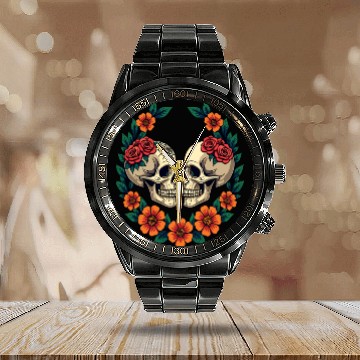 Discover Skulls & Flowers Dark Aesthetic Floral Calendar Steel Band Watch