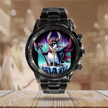 Discover Viking Penguin Warrior Under Northern Lights Calendar Steel Band Watch