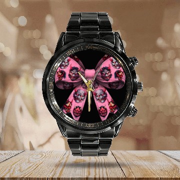 Discover Coquette Bow Oni Yokai Devil Mask Pattern Pink Calendar Steel Band Watch