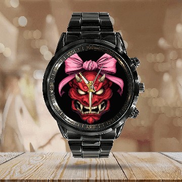 Discover Coquette Bow Oni Yokai Devil Mask Pink Mothers Day Calendar Steel Band Watch