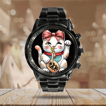 Discover Coquette Bow Maneki Neko Japanese Cat Lucky Pink Calendar Steel Band Watch