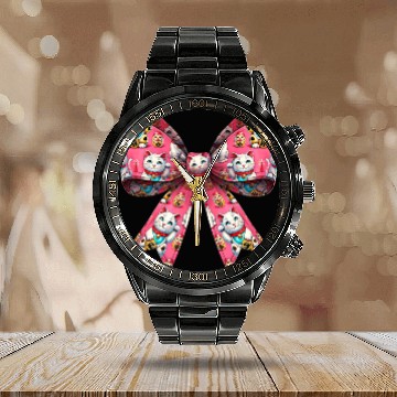 Discover Coquette Bow Maneki Neko Japanese Cat Lucky Pink Calendar Steel Band Watch