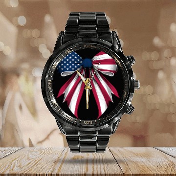 Discover Coquette Bow USA US Flag Patriotic Ribbon Mom Calendar Steel Band Watch