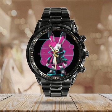 Discover Cyber Bunny with Futuristic Style and Neon Colors Calendar Steel Band Watch