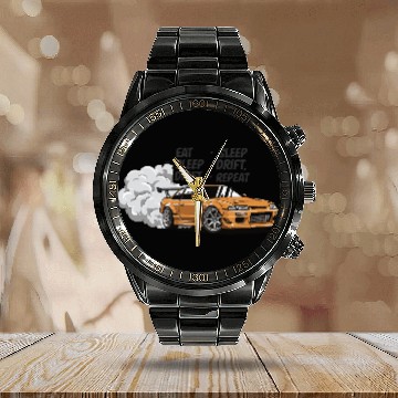 Discover Eat Sleep Drift Repeat Calendar Steel Band Watch – Neon JDM Car Raci