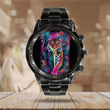 Discover Psychedelic Tiger in Vibrant Jungle Design Calendar Steel Band Watch