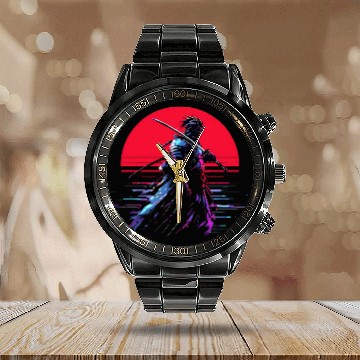 Discover Cyberpunk Samurai Warrior Under Neon Moon Calendar Steel Band Watch