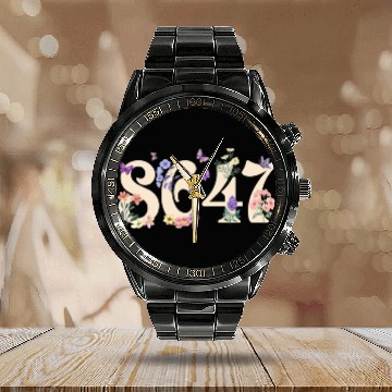 Discover Floral Numerals with Butterflies Calendar Steel Band Watch