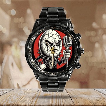 Discover Angry Punk rock music Egg with Mic Calendar Steel Band Watch