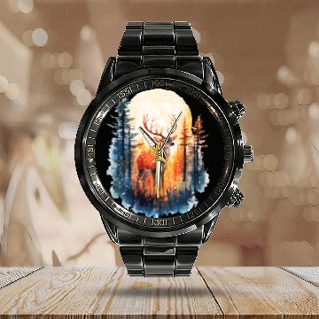Discover Forest Deer Watercolor Illustration Calendar Steel Band Watch