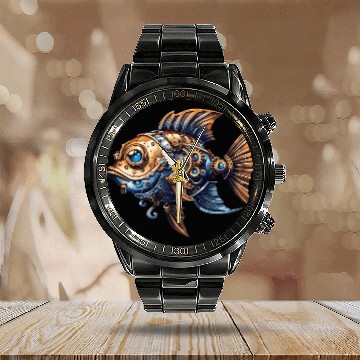 Discover Steampunk Fish Unique Fantasy Ocean Calendar Steel Band Watch