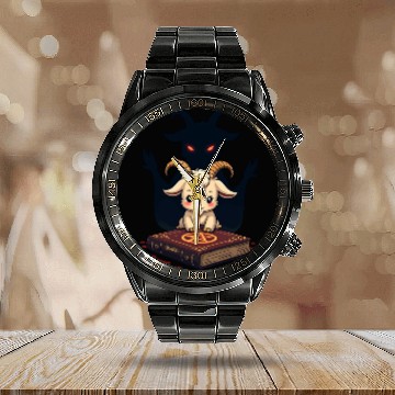Discover Cute Demonic Goat with Occult Spellbook Calendar Steel Band Watch