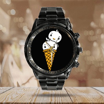 Discover Two Birds Ice Cream Waffle Scoops Greeting Waving Calendar Steel Band Watch