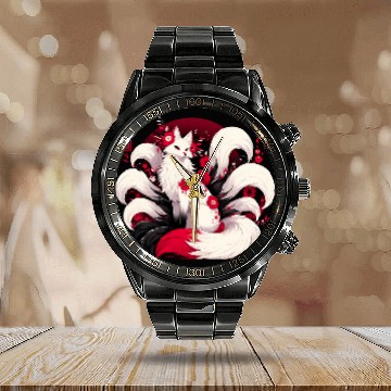 Discover Kitsune Fox Red spider lily Flowers Japanese Nine Calendar Steel Band Watch