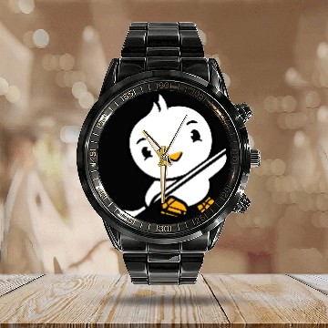 Discover Bird Playing Ice Hockey Sport Puck Stick Hobby Calendar Steel Band Watch