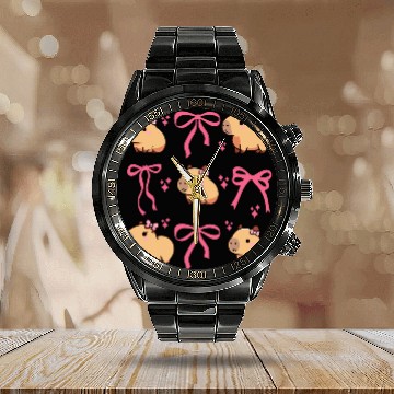 Discover Cute Capybara with Pink Ribbon Bow Calendar Steel Band Watch