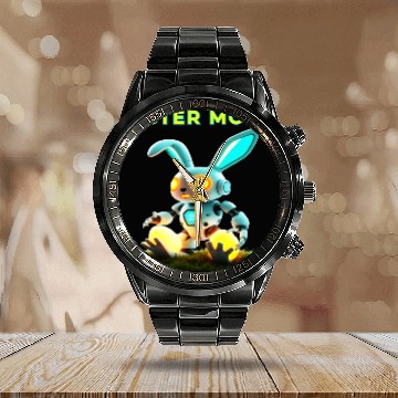 Discover Easter Mode Cybernetic Bunny with Glowing Eggs Calendar Steel Band Watch