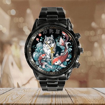 Discover Flow with Grace - Majestic Cat & Koi Fish Calendar Steel Band Watch