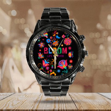 Discover Bloom Life is Better - Colorful Floral Boho Design Calendar Steel Band Watch