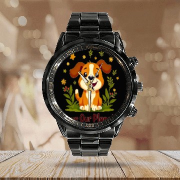 Discover Calendar Steel Band Watch - Cute Dog, Save Our Planet, Protect Earth