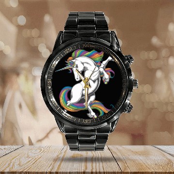 Discover Majestic Rainbow Unicorn Prancing with Vibrant Calendar Steel Band Watch