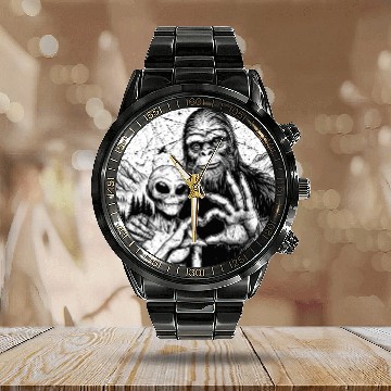 Discover Bigfoot and alien Sasquatch love hand sign Weird S Calendar Steel Band Watch
