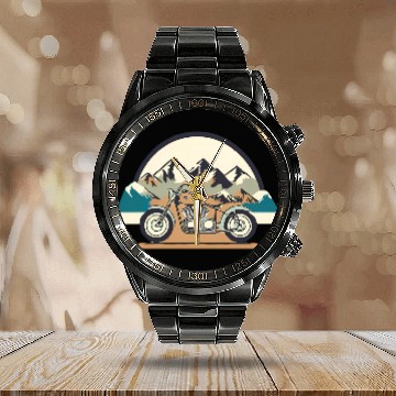 Discover Motorcycle | Mountain background | Pastel Stick Calendar Steel Band Watch