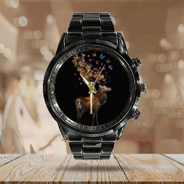 Discover Red Deer and Autumn Leaves Calendar Steel Band Watch