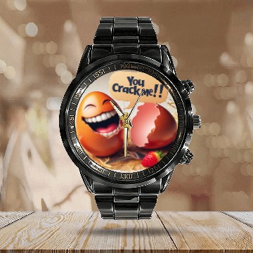 Discover A cracked Easter egg laughing with the caption Calendar Steel Band Watch