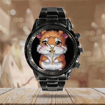 Discover Adorable Hamster with Big Eyes and Fluffy Fur Calendar Steel Band Watch