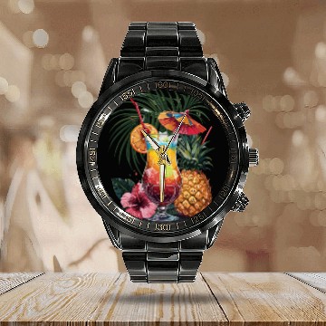 Discover Tropical Vibes with Pineapple and Cocktail Calendar Steel Band Watch