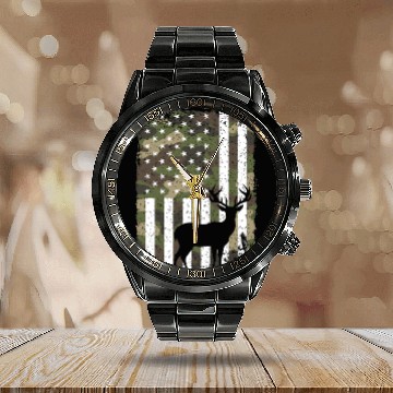 Discover Deer Buck Hunting Camo US Flag Hunter Camouflage Calendar Steel Band Watch