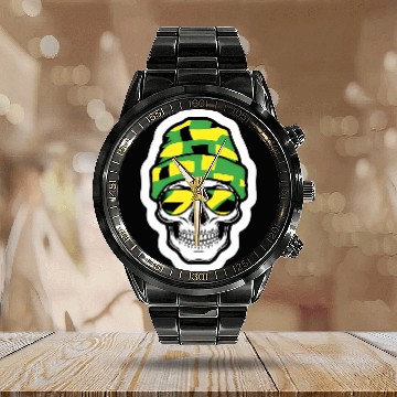 Discover Human Skull Wearing Green Beanie Calendar Steel Band Watch