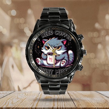 Discover Grumpy Morning Cat - I Need Coffee Right Meow! Calendar Steel Band Watch