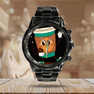 Discover Playful Coffee Cup Character Design Calendar Steel Band Watch