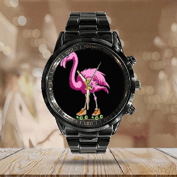 Discover Roller Rink Flamingo Too Cool to Waddle Calendar Steel Band Watch