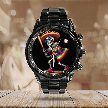 Discover Baseball Skeleton Fiesta Calendar Steel Band Watch