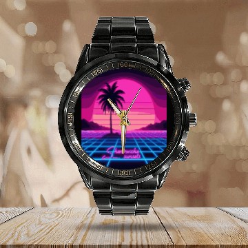 Discover Chasing Sunsets Synthwave Calendar Steel Band Watch - Retro Neon Calendar Steel Band Watch