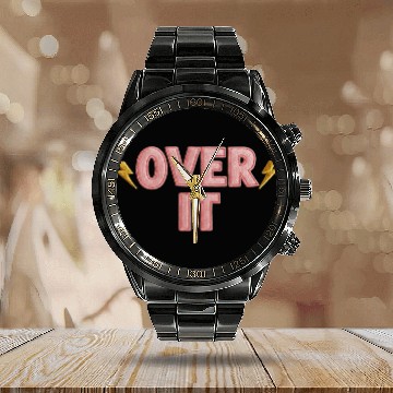 Discover Over It Embroidered Pastel Puff Lettering Calendar Steel Band Watch
