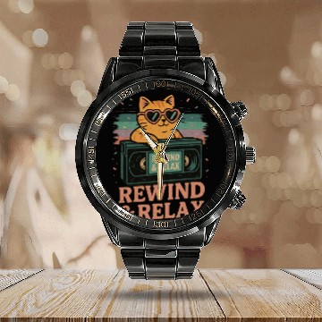Discover Rewind & Relax Retro Cat Vibes 80s 90s vhs TV Calendar Steel Band Watch