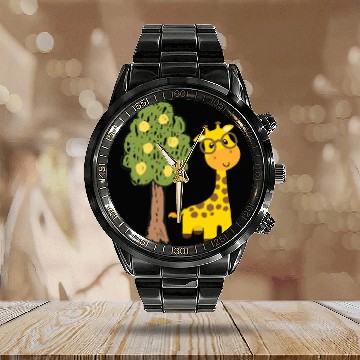 Discover Funny giraffe and tree drawing Calendar Steel Band Watch