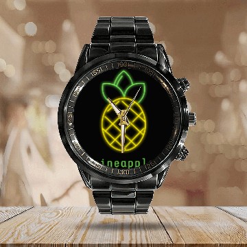 Discover Tropical Neon Pineapple Fruit Summer Design Calendar Steel Band Watch