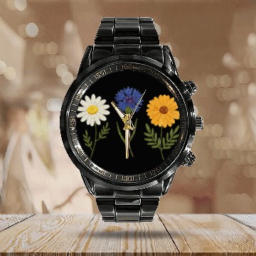 Discover Wildflower Trio Daisy Cornflower Marigold Calendar Steel Band Watch