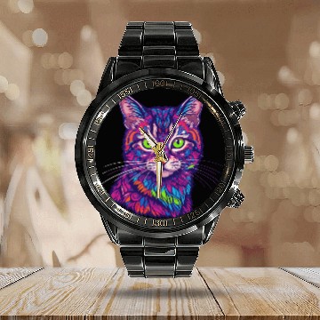 Discover psychedelic cat illustration Calendar Steel Band Watch