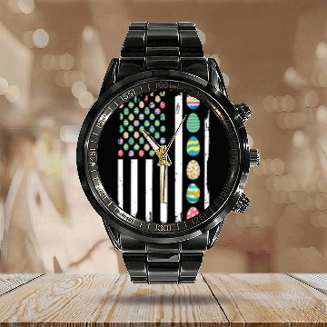 Discover USA Flag Easter Day Eggs Celebrate Patriotic Calendar Steel Band Watch