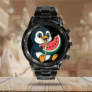 Discover Penguin with Watermelon Summer Fruit Calendar Steel Band Watch
